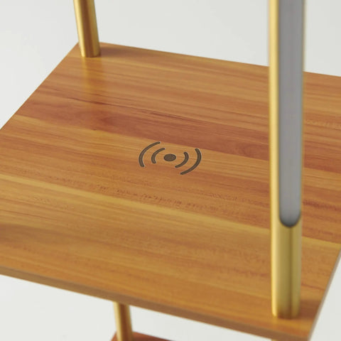 Gold Brass Floor Lamp With Wooden Shelf And Built In Wireless Charging Station detail on top shelf