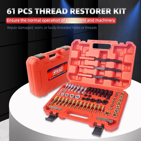 61 Piece Thread Chaser Repair Kit Rethread Tools With UNC UNF And Metric Thread Restorers Plus Thread Pitch Gauge Beefy Heavy Duty Steel For Fixing Damaged Threads And Quick Replacements in orange case with tools displayed.