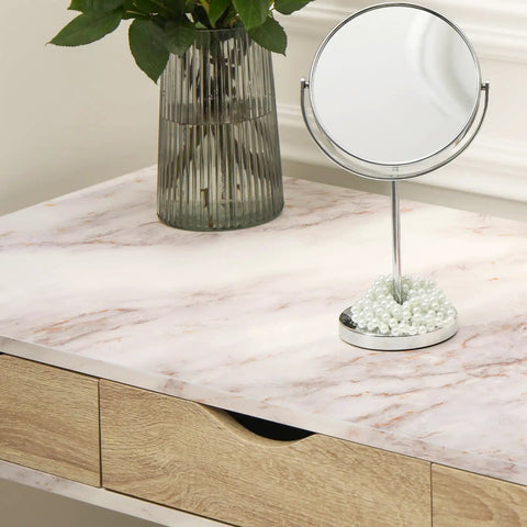 Vanity table with Slick Marble Peel And Stick Wallpaper For Countertops 17.5 Inch By 78.7 Inch Waterproof Self Adhesive Wall Covering
