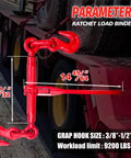 Beefy Heavy Duty Ratchet Chain Binders Three Eighths To One Half Inch With G70 Grab Hooks 9,200 Lb Working Load Limit image showing dimensions and specifications