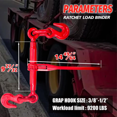 Beefy Heavy Duty Ratchet Chain Binders Three Eighths To One Half Inch With G70 Grab Hooks 9,200 Lb Working Load Limit image showing dimensions and specifications