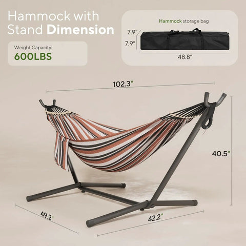 600 Lb Hammock With Stand For Outdoor Or Indoor Use showing striped hammock with steel frame, wooden bar, and storage bag.