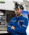 Worker wearing Built Tough Hard Hat Safety Helmet With Rechargeable Headlamp Visor Ear Muffs in industrial setting ANSI Z89.1 Compliant