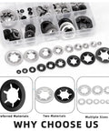 Glarks 209-piece star lock washer set in clear plastic case; 9 sizes, two materials (silver and black) with tweezers