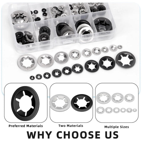 Glarks 209-piece star lock washer set in clear plastic case; 9 sizes, two materials (silver and black) with tweezers