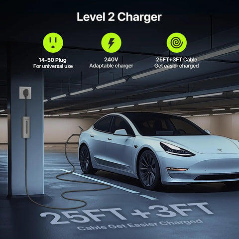 Tesla Level 2 EV Charger 40A Portable 9.6kW with NEMA 14 50 Plug 240V in use charging Tesla Model 3 in garage