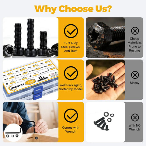 260 Piece M5 Screw Kit With Bolts Nuts Washers And Hardware Set, 12.9 Alloy Steel Plated Hex Socket Head Screws, anti-rust