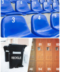 Blue stadium seats, black recycle bins, and numbered orange lockers with Super Bright Reflective Mailbox Numbers And Letters Stickers In White.