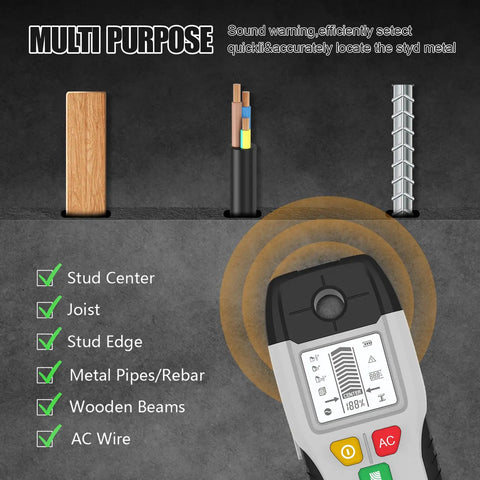 6 in 1 Stud Finder Wall Scanner, Electronic Center and Edge Detector with HD LCD Display detecting wood, metal, and AC wires.