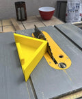 Precision 45 Degree Miter Sled Jig For DeWalt DW745 Table Saw with yellow clamping fence on gray table surface.