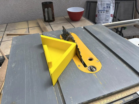 Precision 45 Degree Miter Sled Jig For DeWalt DW745 Table Saw with yellow clamping fence on gray table surface.