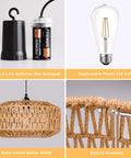 Laid Back Vibes 13 Inch Battery Powered Rattan Chandelier With Adjustable Brightness Dimmer And Timer For Gazebo Patio Or Pergola Waterproof Boho Pendant Light components, including batteries, bulb, shade, and assembly.