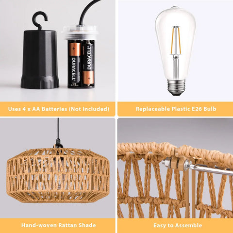 Laid Back Vibes 13 Inch Battery Powered Rattan Chandelier With Adjustable Brightness Dimmer And Timer For Gazebo Patio Or Pergola Waterproof Boho Pendant Light components, including batteries, bulb, shade, and assembly.