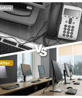 Before and after image showing desk setup with and without Desk Grommet Set, 2 Pieces, 1.4 Inch Zinc Alloy Round Desk Hole Cover.