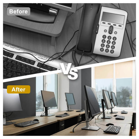 Before and after image showing desk setup with and without Desk Grommet Set, 2 Pieces, 1.4 Inch Zinc Alloy Round Desk Hole Cover.