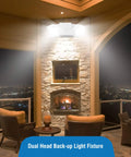 LED Hardwired Emergency Light Kit With Dual Adjustable Heads Backup Battery 6 Pack White installed above patio fireplace at night