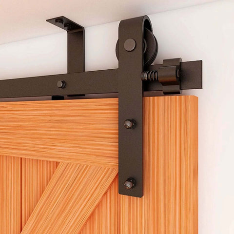 Ceiling Mount Sliding Barn Door Hardware Kit For Low Ceiling Spaces With L Shape Bracket System on wood door