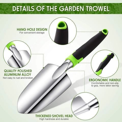 Two Pack Garden Trowel Hand Shovel Set with soft rubberized non slip handle aluminum alloy comfortable grip yellow and green