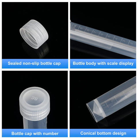 10 Pack 10ml Frozen Lab Test Tubes With Sealing Caps, Clear Plastic Vials For Laboratory Use, School Education And Research, Safe Long Term Storage, Easy Read Volume Scale, PP cap close-up