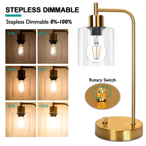 Golden Industrial Table Lamp With Two USB Ports And Glass Shade Vintage Desk Light Stepless Dimmable Bedside Reading Lamp LED Nightstand