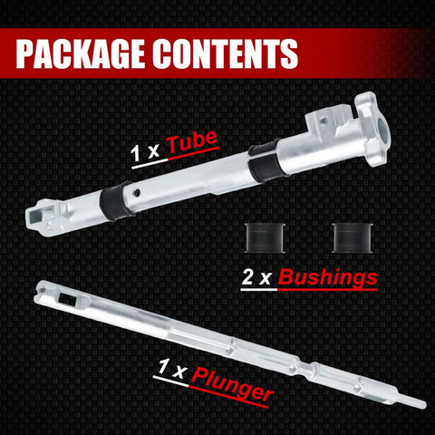 Automatic transmission steering column shift tube assembly with plunger and bushings; shows 1 tube, 2 bushings, 1 plunger.