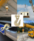 Rock Solid 4 Pack Chain Hooks with Half Inch G70 Clevis Grab design on crane, showing heavy lifting and attachment details.
