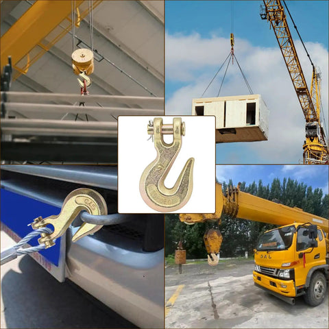 Rock Solid 4 Pack Chain Hooks with Half Inch G70 Clevis Grab design on crane, showing heavy lifting and attachment details.