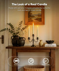 6 Pack Wax Flameless Taper Candles With Remote Timer And Dimmer in black candelabra on wooden table