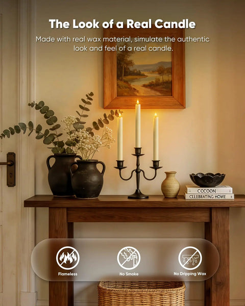 6 Pack Wax Flameless Taper Candles With Remote Timer And Dimmer in black candelabra on wooden table