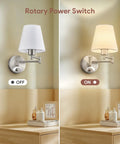 Dope Adjustable Swing Arm Wall Lamp Brushed Nickel With White Fabric Shade Plug In Wall Sconce showing on and off states.