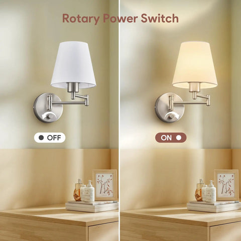 Dope Adjustable Swing Arm Wall Lamp Brushed Nickel With White Fabric Shade Plug In Wall Sconce showing on and off states.