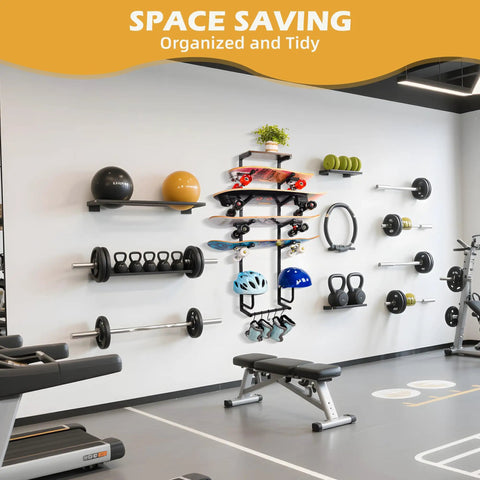 Wall Mounted Skateboard Rack Secures Four Boards And Helmets With Heavy Duty Angled Steel Arms For Clutch Organization And One Handed Retrieval Of Your Sick Longboards in a home gym.
