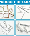 Heavy Duty Pin And Fastener Kit With 383 Pieces For Tractors Trailers Trucks And Mowers Including R Clip Pins Hairpin Cotter Pins Lynch Pins PTO Pins Clevis Pins Square PTO Pins And 3 Point Hitch Accessories in four sections showing various pin types