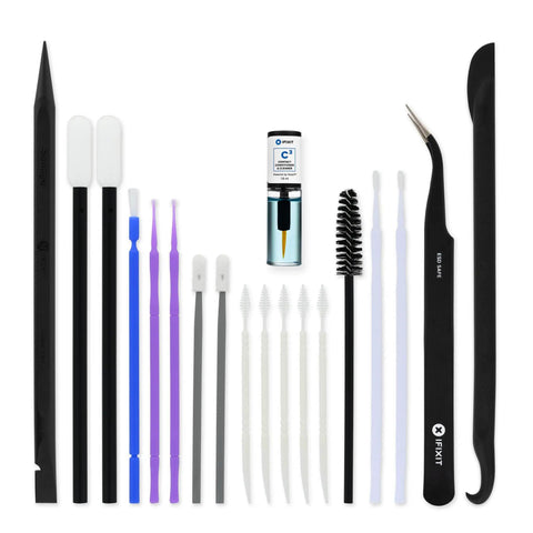 Phone Laptop Tablet All In One Cleaning Kit with precision spudgers, angled tweezers, DeoxIT D100L, brushes, swabs, and micro brushes