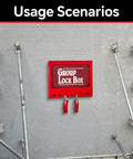 Portable Lockout Tagout Lock Box Kit With Clear Sliding Window Key Pegs ID Labels And Easy Access Padlock Storage For Lock Out Tag Out Stations Red 1 Pack installed on an industrial wall.
