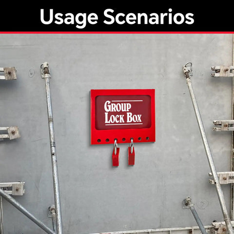 Portable Lockout Tagout Lock Box Kit With Clear Sliding Window Key Pegs ID Labels And Easy Access Padlock Storage For Lock Out Tag Out Stations Red 1 Pack installed on an industrial wall.