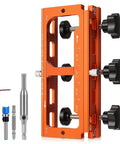 Pro Grade Aluminum Door Hinge Jig Kit For Router Mortise Template Adjustable From Two And A Half Inches To Five Inches shown in orange with accessories.