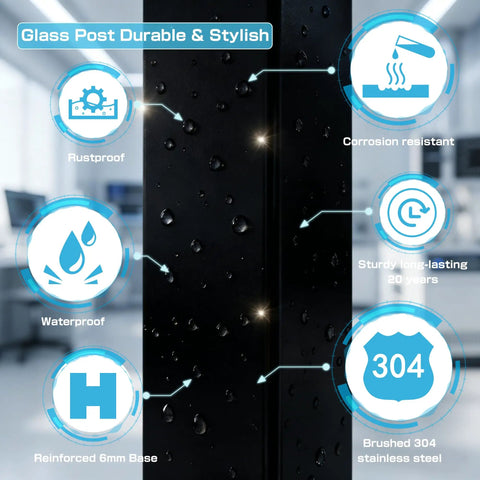 Stainless Steel Black Glass Railing Post With Internal Slot Balustrade System For Ten To Twelve Millimeter Glass, Complete Post Kit With Base Plate And Easy Installation For Balcony, Stairs, Deck, Patio, Or Pool