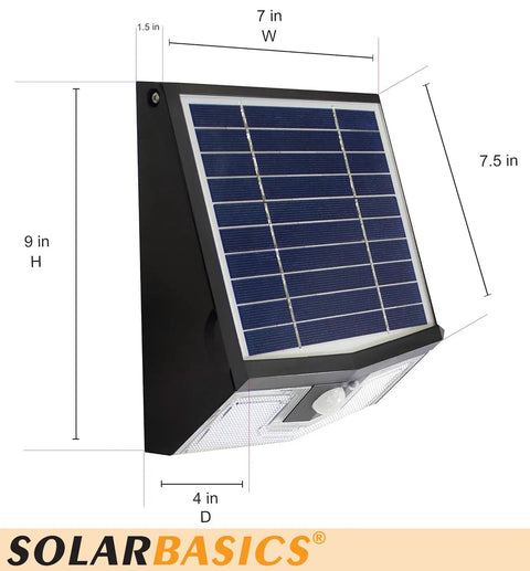 Diagram of Two Pack Solar Security Lights With Motion Sensor, Waterproof Outdoor LED 700 Lumen, dimensions labeled