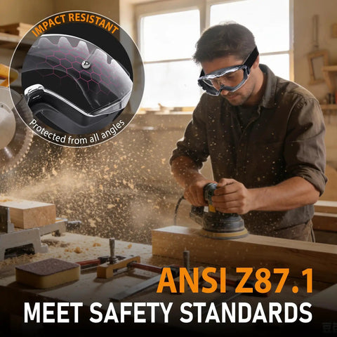Woodworker wearing Anti Fog Safety Goggles That Fit Over Glasses Adjustable Strap ANSI Z87.1 UV385 Eye Protection