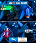 4 Color Dive Signal Light With 8 Modes For Scuba Beacons 360 Degree Illumination in use, 100 Lumen Output underwater demonstration