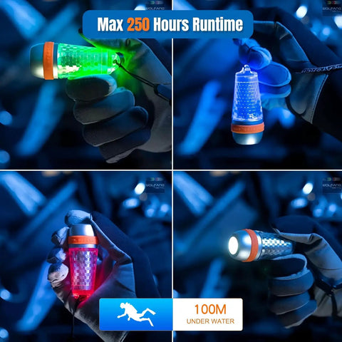 4 Color Dive Signal Light With 8 Modes For Scuba Beacons 360 Degree Illumination in use, 100 Lumen Output underwater demonstration