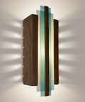 Straight Up Badass Art Deco Wall Sconce Featuring Butternut Frame And Turquoise Ceramic Shade One Light Fixture with ceramic shade and wood frame.