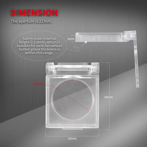 Clear 22mm Push Button Cover Kid Proof Safe Switch Guard for Computer PCs Desktops Transparent Button Protector 3 Pack Fits 22mm Mount Holes Easy Install Keeps Power Button Clean And Safe From Pets And Kids. Transparent plastic cover, 34x28mm with 3mm inner height, shown with dimensions.