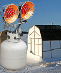 Infrared Tank Top Outdoor Heater With Propane For Camping And Patios Double Burner 30,000 BTU set up near ice fishing huts.