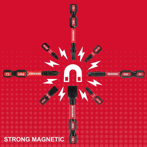 Impact Tough Magnetic 45 Piece Bit Set With S2 Alloy Steel Insert Bits arranged around magnet graphic, highlighting strong magnetic feature.