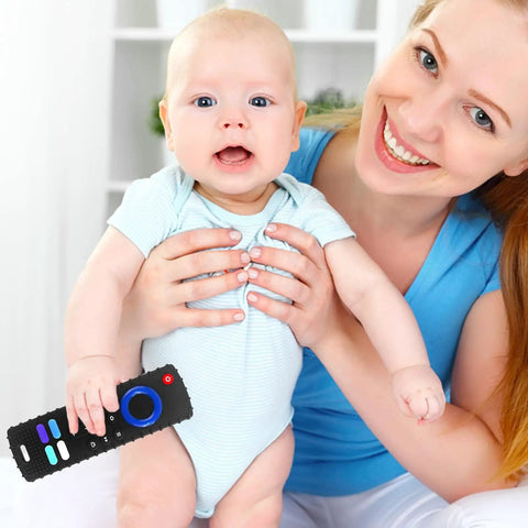 Baby holding TV Remote Shaped Silicone Teething Toy For Babies 3 to 18 Months BPA Free Refrigerator Safe with mother smiling