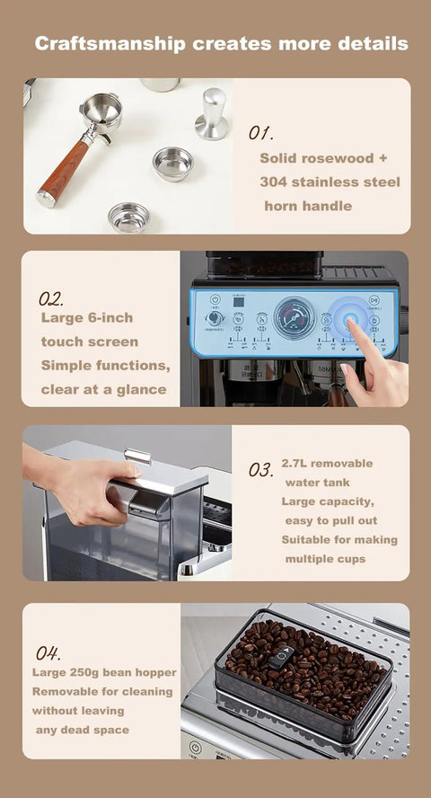 Top Grade Stainless Steel Espresso Machine With Built In Burr Grinder And Rapid Milk Frother Wand Includes 90 Oz Pull Out Water Tank, 6-inch touchscreen and accessories for easy use.