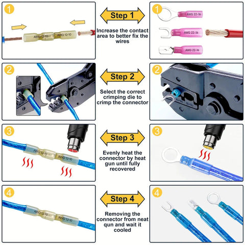 Instruction diagram for 620 Piece Marine Grade Heat Shrink Wire Connector Kit For Marine Electrical Projects with tool usage steps.
