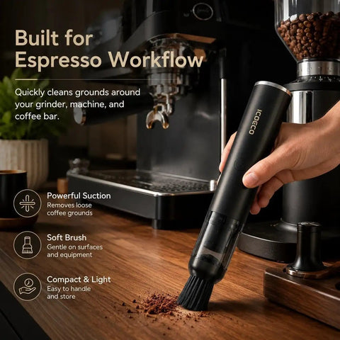 Rechargeable Mini Coffee Grinder Vacuum Cleaner with 4 Attachments cleaning espresso machine workspace.